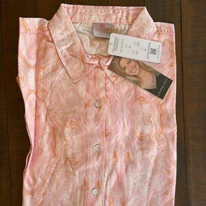 Laurie Felt Sustainable Tencel Elbow-Sleeve Collared Blouse, Pink Marble, Size L